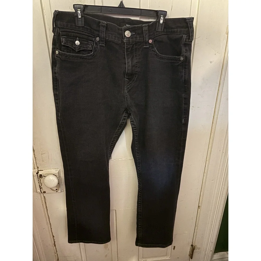 True Religion Ricky Relaxed Straight Jeans Mens 36 Black Denim 27.5 Inseam